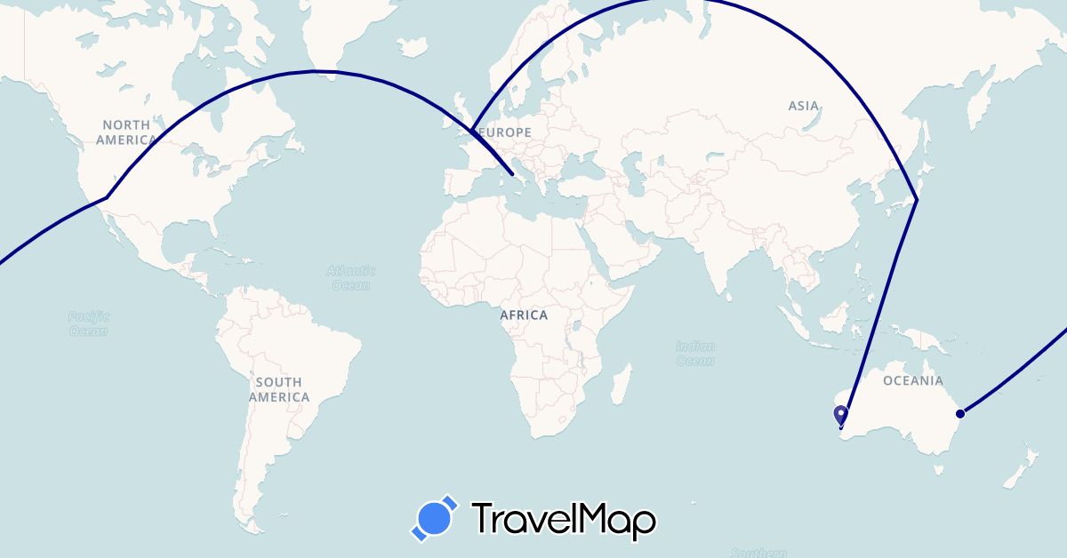 TravelMap itinerary: driving in Australia, United Kingdom, Italy, Japan, United States (Asia, Europe, North America, Oceania)